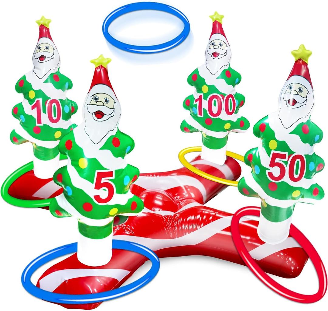 TURNMEON Giant Inflatable Christmas Tree Ring Toss Party Game Kids Adults Family Stocking Stuffers Toys Christmas Party Decorations Supplies Favors Gifts Grandkids Indoor Outdoor,4 Santa Base 4 Rings