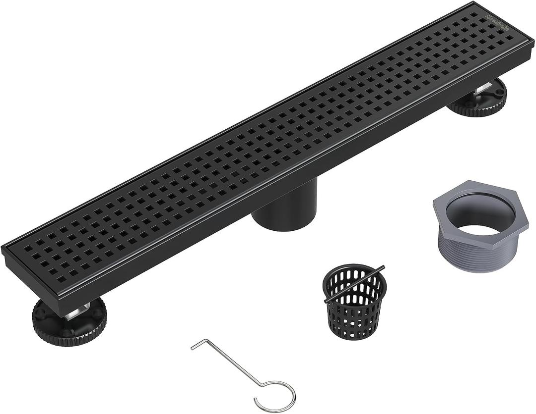 Neodrain 18-Inch Black Linear Shower Drain with Removable Quadrato Pattern Grate,Professional 304 Stainless Steel Rectangle Shower Floor Drain Manufacturer,Leveling Feet,Hair Strainer,Matte Black
