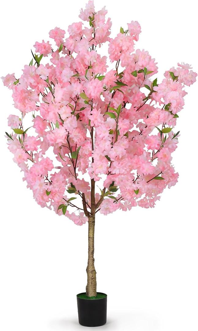 OUSHENG Artificial Cherry Blossom Tree, Fake Plants Indoor Decor, Faux Pink Sakura Flowers for Living Room Home House Entryway Bedroom Office Inside Decorations, 4FT