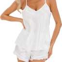 Fivali Women Silk Satin Pajamas Set: 2 Pcs Silk Pjs Cami Ruffle Shorts Set Sleepwear, S-XXL (White, XXL)