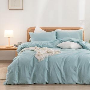 BESTOUCH Duvet Cover Set 100% Washed Cotton Linen Feel Super Soft Comfortable Chic Lightweight 3 PCs Home Bedding Set Solid Hushed Green King (King (104" x 90"))