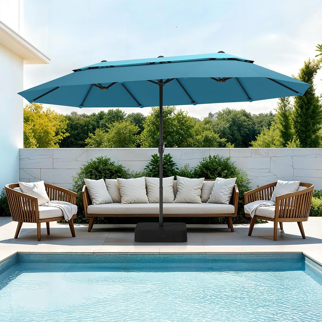 PHI VILLA 15ft 2-Tier Outdoor Patio Umbrella with Base Included, Blue&Cyan