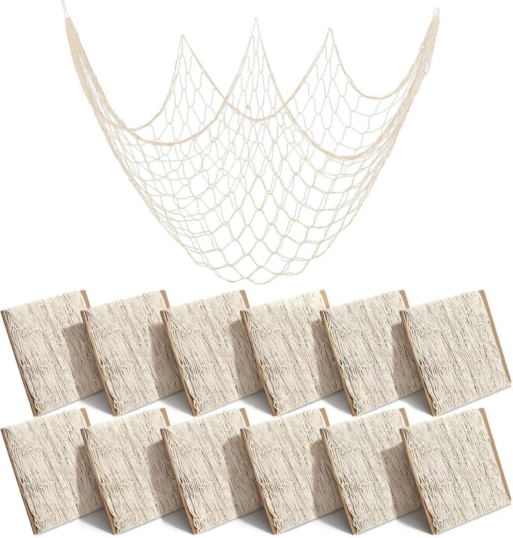 12 Pcs Natural Fish Net Decorations, 80 x 40 Inch Ocean Themed Fishing Net Natural Cotton Decorative Wall Hanging Fishing Nets for Sea Party, Beach Party, Hawaiian, Nautical, Picture (Beige)