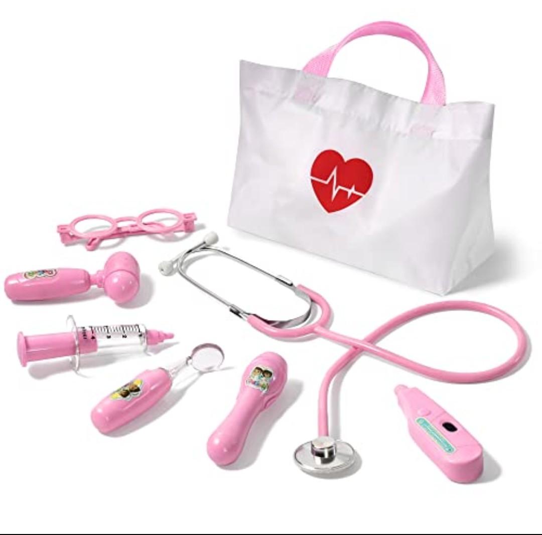 Kids Doctor Kit, 8 Pieces Toddlers Doctor Playset with Medical Storage Bag & Real Stethoscope, Pretend Play Doctor Toys Birthday Gift for Boys Girls Aged 3 4 5 6 (Pink)