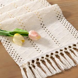 Socomi Boho Table Runner Macrame Long Summer Farmhouse Woven Cotton Linen Rustic Coffee Table Runner with Tassels for Dresser Scarf Home Decor Dining Room 12x108 inch Cream Ivory