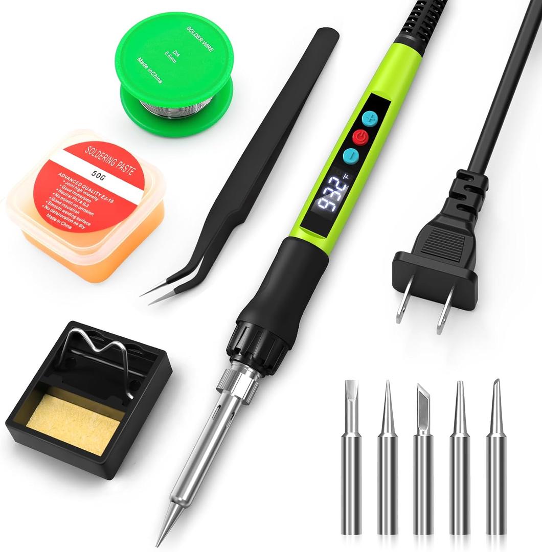 Soldering Iron Kit, 100W Soldering Gun with LED Digital Display, Adjustable Temperature 356-932 Solder Kit for Electronics, Includes Soldering Iron Tip, Solder Wire, Stand, Tweezers and Paste, Green