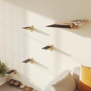 MeowHomm Cat Wall Shelves, Wood Cat Feeding Shelf with 4 Non-Slip Steps, 2 Food Bowls, Wall-Mounted Furniture for Kittens