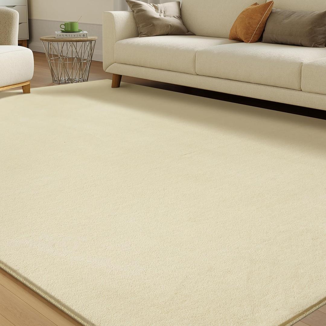 Solid Washable Area Rug - 9x12 Medium Pile Faux Cashmere Carpet for Living Room Bedroom, Cream