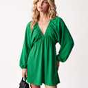 Women's Deep V Neck Puff Sleeve Backless A Line Mini Dress (Green, M)
