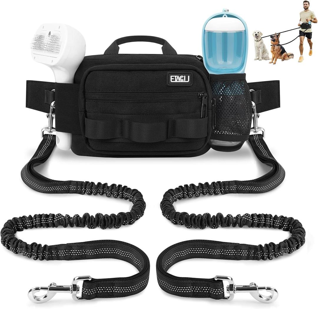 ETACCU Hands Free Dog Leash with Zipper Pouch, Waist Belt for Large Medium 2 Dogs for Running, Walking, Jogging and Hiking, Dual Padded Handles and Durable Bungee - Black (2 Dog)