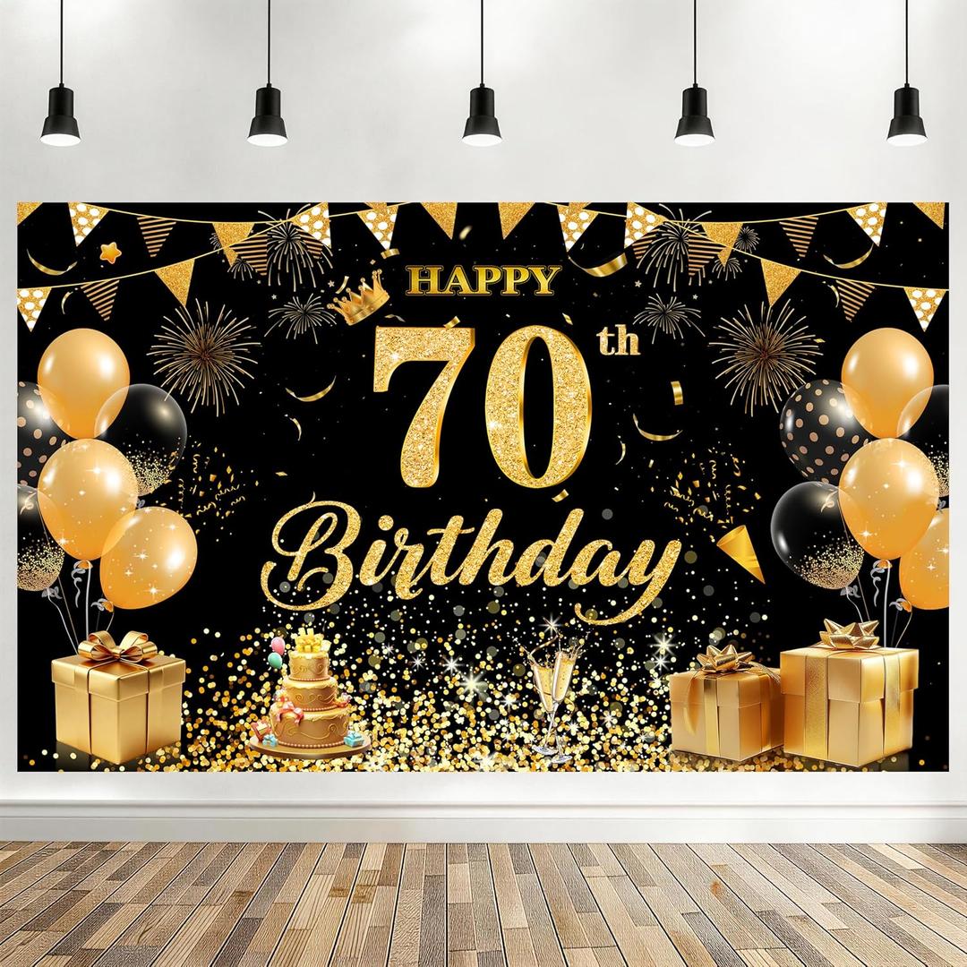 Happy 70th Birthday Banner Backdrop Birthday Party Decorations for Men Women, Photo Background Party Decoration for Indoor Outdoor (Black/Gold, 70th Birthday)