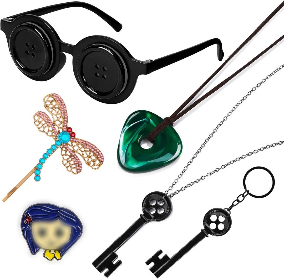 Halloween Movie Themed Accessories Includes Key Pendant Necklace Seeing Stone Necklace Button Glasses Dragonfly Hair Clips Character Brooch Halloween Parties Props Cosplay Costume for Women Men
