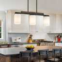 Mecgirn Farmhouse Dining Room Light Fixtures Over Table, Black Pendant Lights for Kitchen Island with Milk Glass Shade, 3 Light Linear Chandelier Lighting with Wood