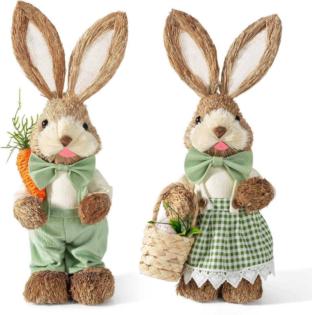 Set of 2 Easter Decorations 13.8" Rustic Straw Bunny Couple Tabletop Decor, Farmhouse Easter Bunny Figurines with Carrot, Vintage Rabbit Statues Ornaments, Spring Easter Home Decor