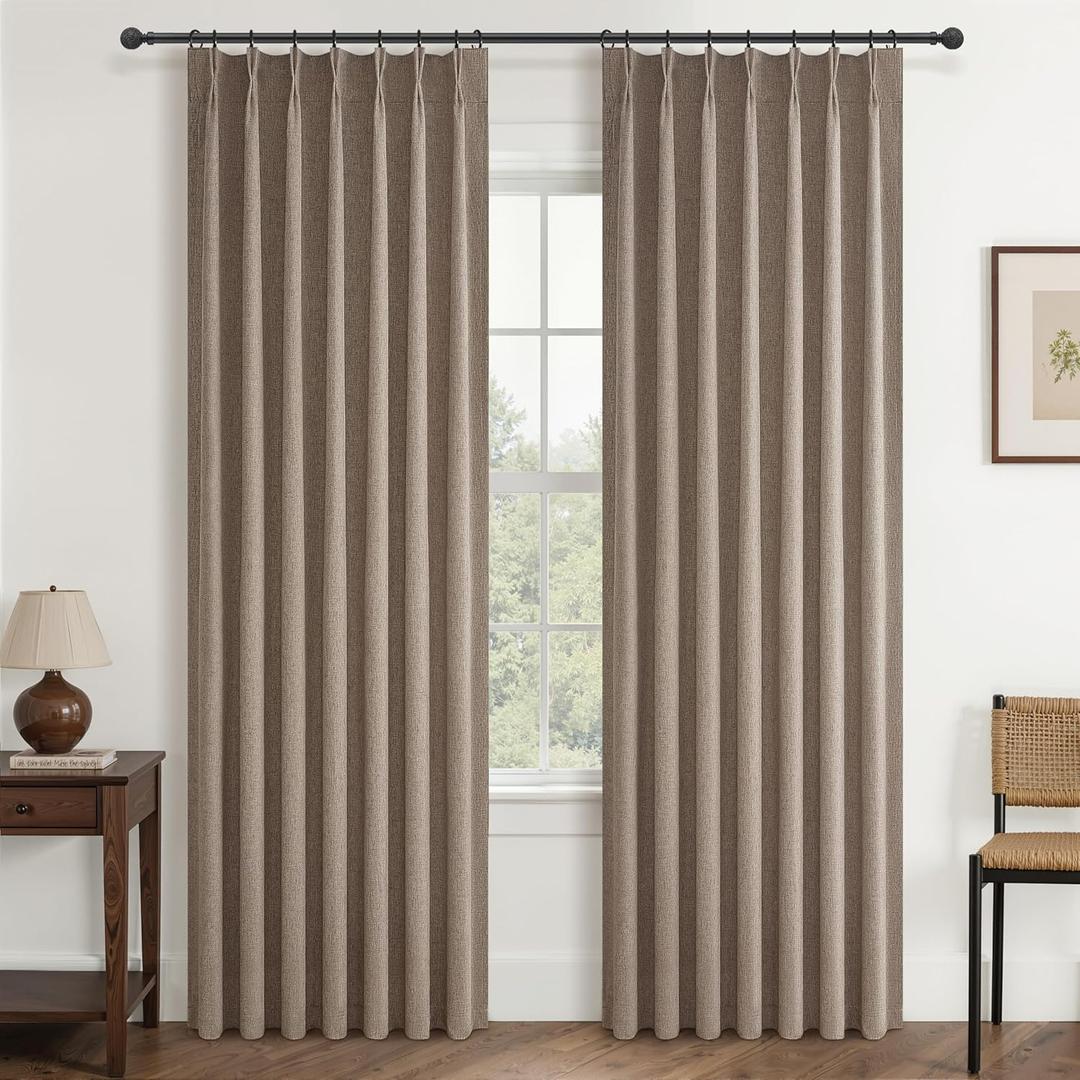 Dark Flax Living Room Curtains 84 Inches Long,Tan Pinch Pleated Linen Window Curtain Total Blackout Burlap Sunblock Thermal Drapes for Winter Cabin/Office/Nursery Room Divider (40"x84" 2panels)