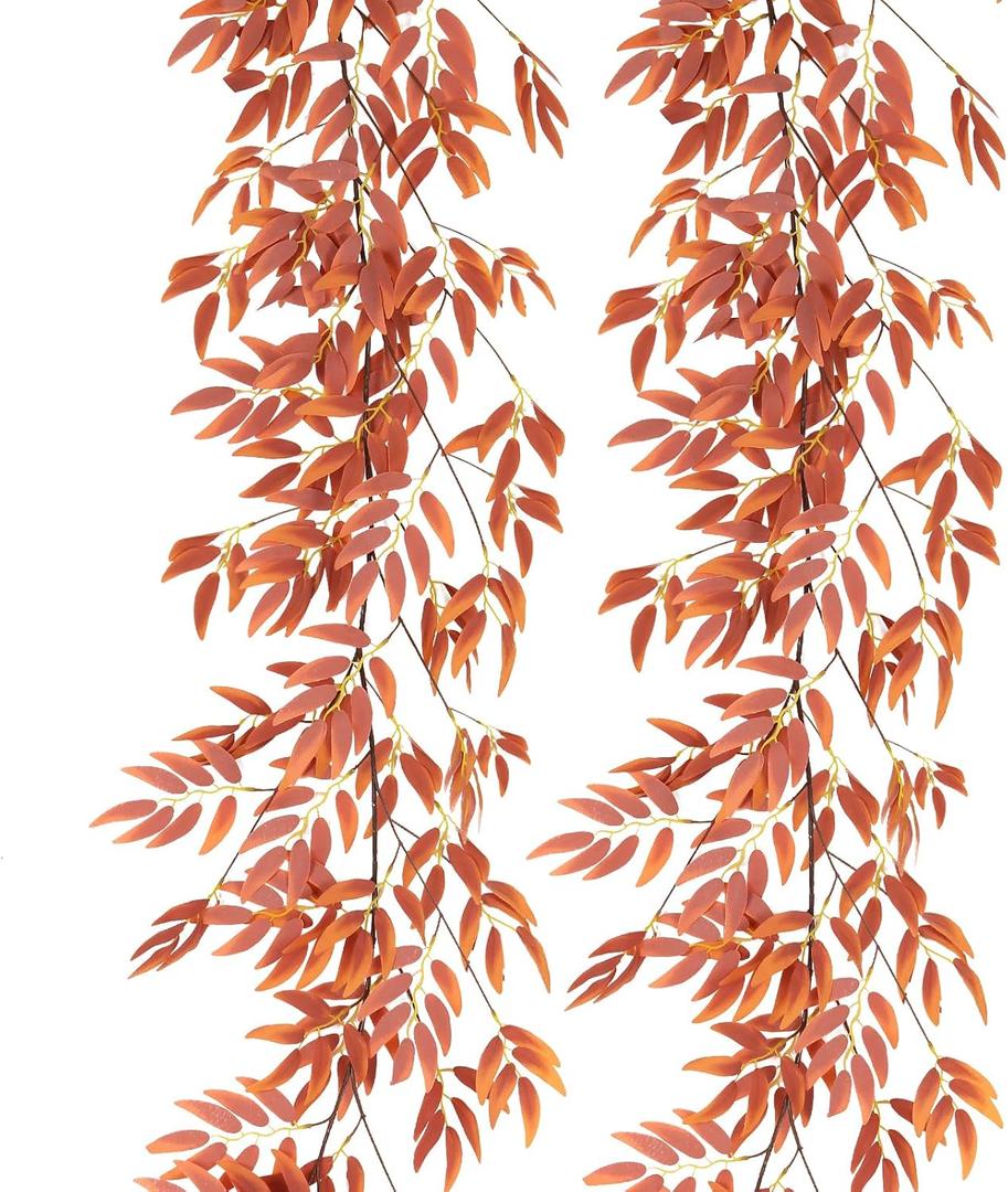RECUTMS Artificial Hanging Willow Leaves Vine Twigs 2Pcs 5.7Ft Fall Garland Fake Silk Willows Leave Ivy Faux Greenery for Indoor Outdoor Wedding Jungle Birthday Autumn Wreath Thanksgiving Party Decor (Orange)