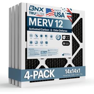 BNX TruFilter 14x14x1 MERV 12 Odor Defense (4-Pack) AC Furnace Air Filter with Activated Carbon - MADE IN USA - Pleated Air Conditioner HVAC AC Furnace Filters - Removes Odor, Mold, Bacteria, Smoke