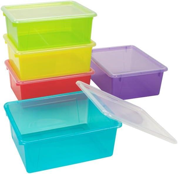 Storex Deep Storage Tray with Lid, Letter Size, 10 x 13 x 5 Inches, Assorted Tints, 5-Pack