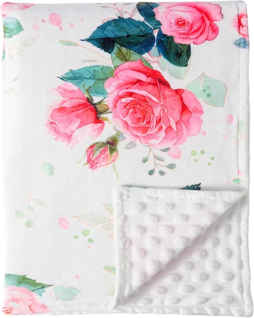 Baby Blanket 30" x 40" Pink Rose,Super Soft Floral Minky Blanket for Boys Girls,Double Layer with Dotted Backing,Crib Receiving Blanket for Nursery/Stroller/Toddler Bed/Carseat