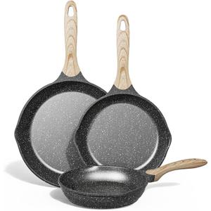 JEETEE Nonstick Frying Pans Set, Nonstick Omelette Skillet Set 3 Pcs, 8" 9.5" 11" Granite Non-Stick Frying pan with Bakelite Handle, Compatible with All Stovetops (Gas, Electric & Induction), Grey (Gray)