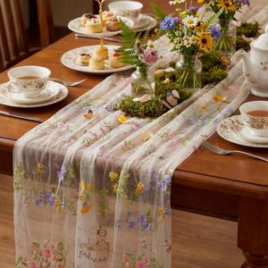 Ivory White Floral Table Runner 10ft Embroidery Tulle Spring Wildflower Table Runner Seasonal Summer Butterfly Kitchen Dining Gauze Decoration for Wedding Baby Shower Birthday Party (1 Pcs)