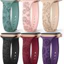 AMSKY 6 Pack Slim Floral Engraved Bands Compatible with Apple Watch Band 40mm 41mm 42mm 38mm 44mm 45mm 46mm 49mm for Women,Cute Silicone Sport Strap for iWatch Series 11 10 Ultra 9 8 7 6 5 4 3 2 1 SE (Black/Wine Red/Deep Purple/Cactus/Pink Sand/Teal Milk)