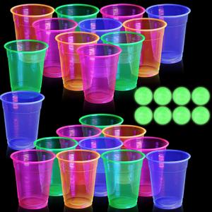 32 Pcs Glow in The Dark Party Table Tennis Game Set Include 24 Pcs Glowing Plastic Cups and 8 Balls for Indoor Outdoor Party Event Birthdays Weddings BBQ Parties