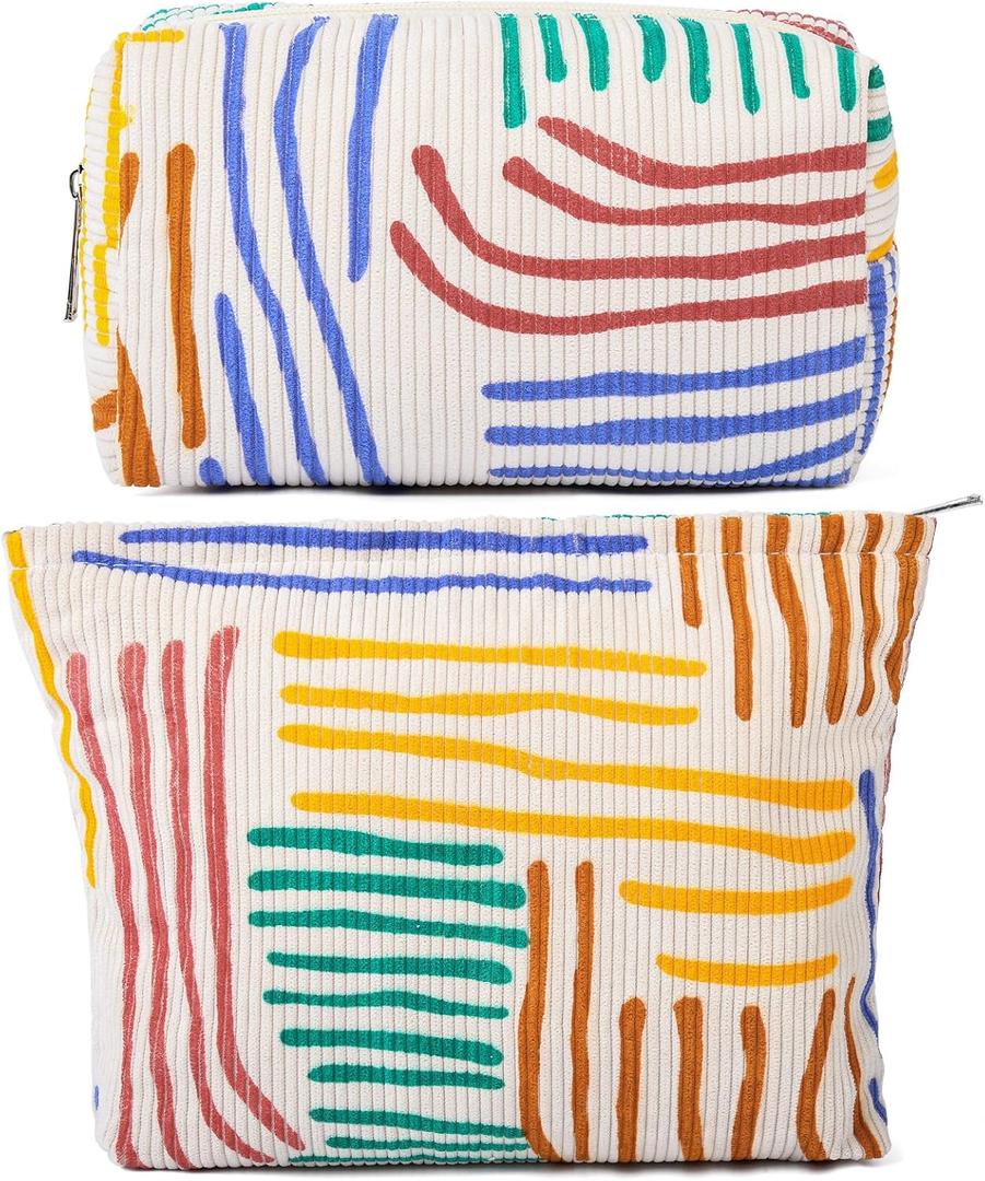2 Pieces Stripes Makeup Bag Large Corduroy Cosmetic Bag Capacity Canvas Mix Travel Toiletry Bag Organizer Cute Makeup Brushes Aesthetic Accessories Storage Bag for Women, Stripes Mix Colorful