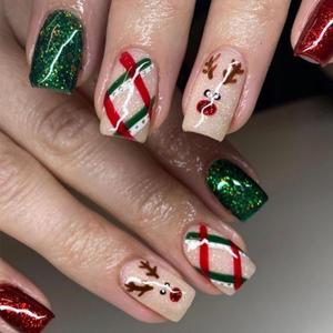 Christmas Press on Nails Short Medium Square Fake Nails with Colorful Ribbon Cute Elk Design Glitter Red Green Full Cover Glossy False Nails Xmas Glossy Acrylic Stick on Nails for Women 24Pcs