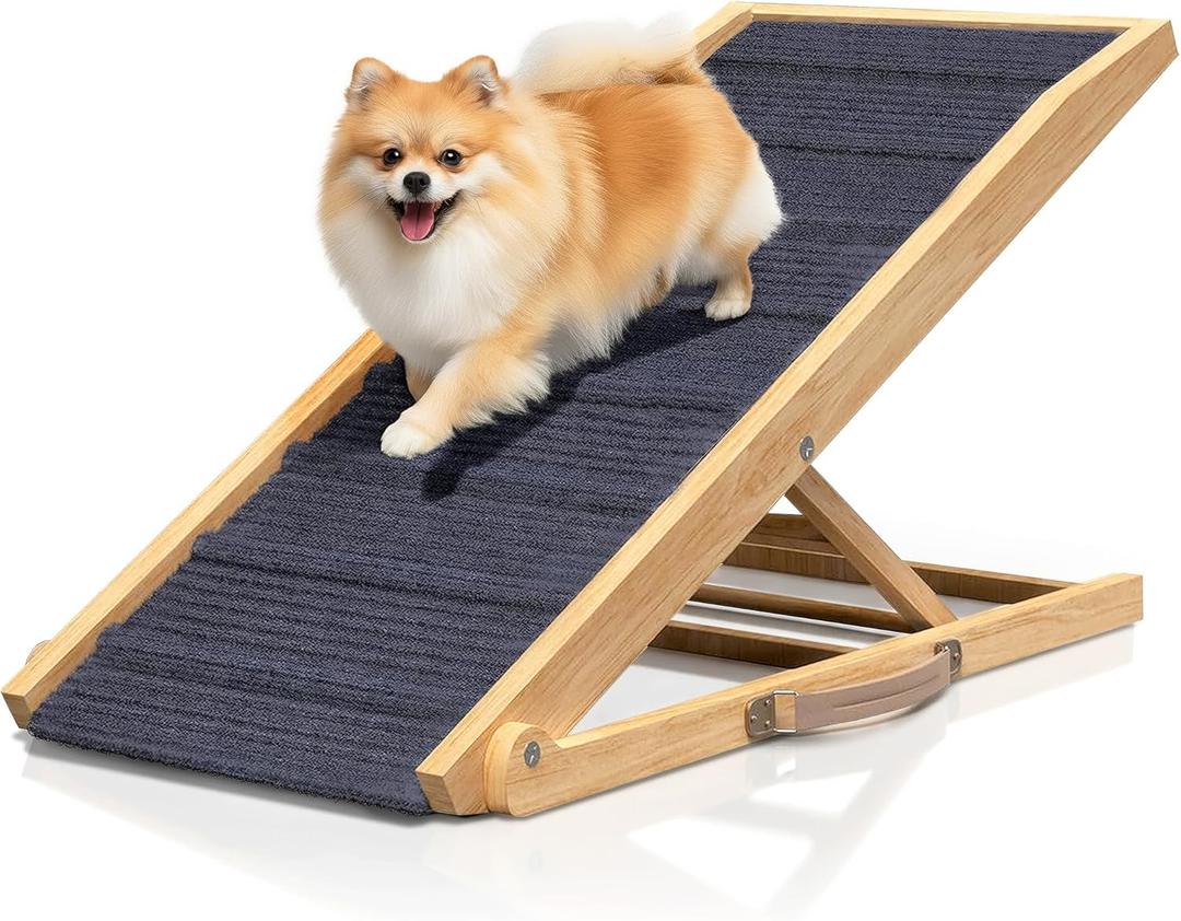 Adjustable Dog Ramp for Bed - 48" Long Foldable Wooden Ramp for Dogs to Get on Bed, Couch, or Car with 16.5" Wide Walking Space (Natural Pine Wood with Gray Carpet, Large)