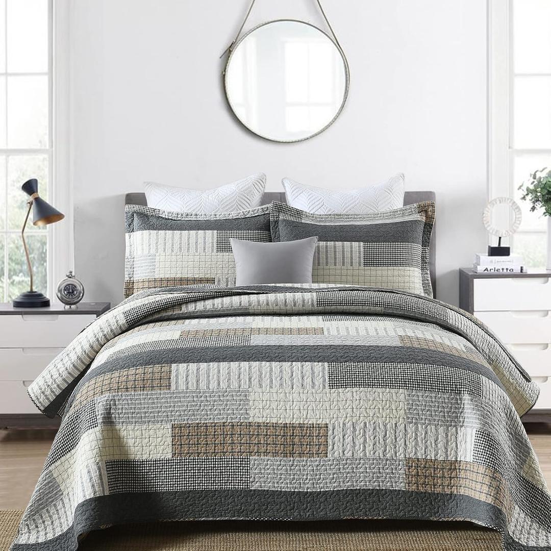 PERHOM Quilt Queen Size - 100% Cotton Farmhouse Rustic Queen Quilt Set, Cabin Bedding Set Bedspreads, Lodge Lightweight Patchwork Plaid Quilted Comforter for Queen Bed, Grey/Brown/Beige (Queen(98"x90"), Grey/Tan/Black)