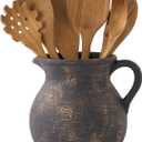 MIYUKI Rustic Kitchen Utensil Holder - 7.6 Inch Ceramic Utensil Crock for Countertop, Vintage Kitchen Counter Decor (Black)