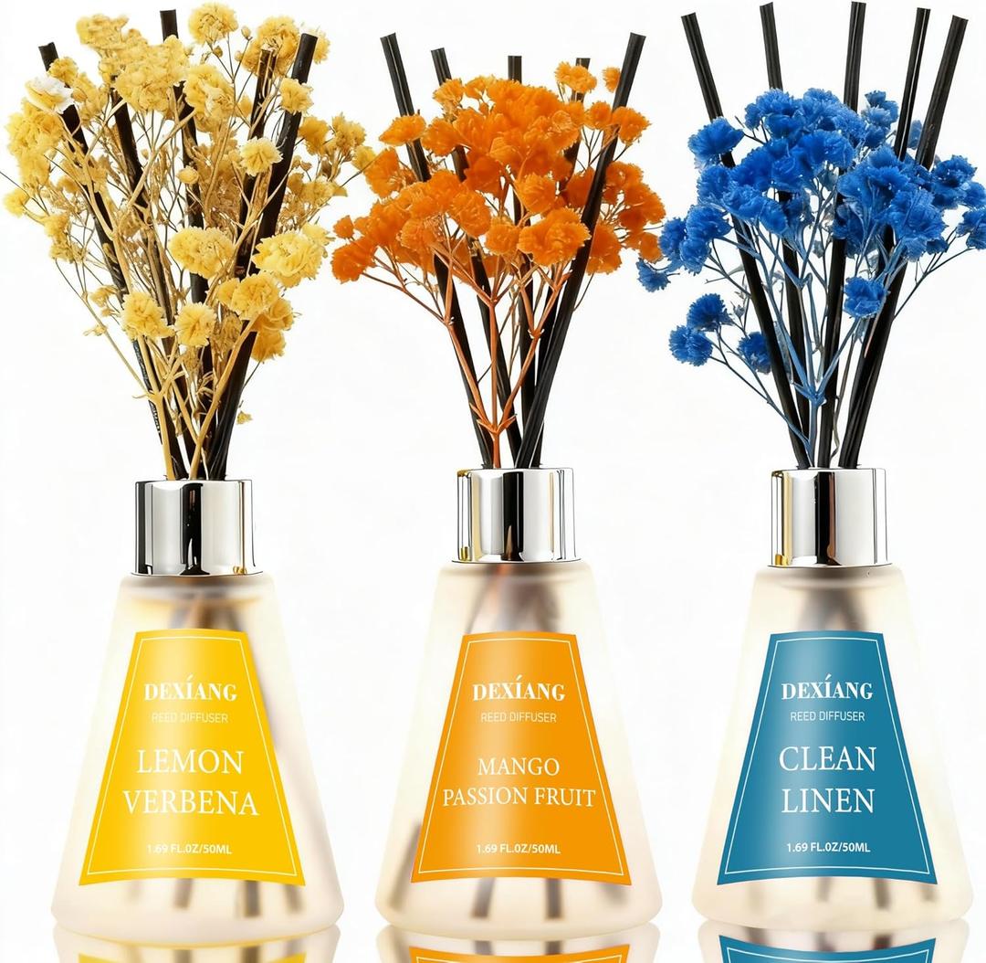 Reed Diffuser Set of 3 Pack, Lemon Verbena/Mango Passion Fruit/Clean Linen Oil Diffuser Reed Diffusers for for Home, Bathroom, Office Decor, 1.7 Fl.oz, Total 5.1Oz