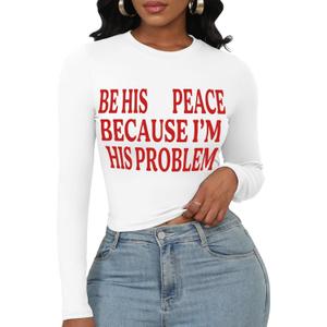 LovelyWholesale Women Graphic Long Sleeve Shirts Cute Going Out Fitted Crop Tops White R BE X(White, XL)