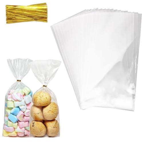QOIUSO 100pcs Cellophane Treat Bags: 5 x11 Inch Clear Cellophane Bags for Treat Candy Snacks Cookies Dessert Bakery Gift Wrapping - Plastic Goodie Bags with 110 Twist Ties for Party Favors