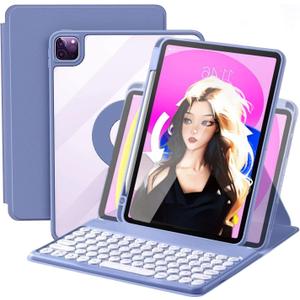 Keyboard Case for iPad 9th/ 8th/ 7th Generation, Vertical Case for iPad 10.2/Air3/Pro10.5 with Keyboard and Pencil Holder, Magnetic Stand Rotating Detachable Case with Clear Back (Lavender Gray)