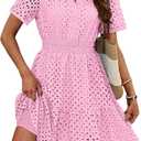 RUMIA Womens Dresses 2026 Summer V Neck Eyelet Lace A Line Short Dress (Pink, XS)