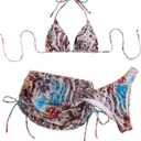 COZYEASE Women's 4 Piece Swimsuits Sexy Bikini Sets Triangle Bathing Suit with Mesh Cover Up Beach Skirt & Bandana (Large, Blue Leopard)