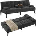 Shintenchi Futon Sofa Bed, Velvet Foldable Couch Reclining Sleeper w/Removable Armrests, Upholstered Loveseat w/Folding Cup Holders for Home, Office, Black