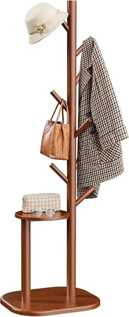 Pipishell Coat Rack, Freestanding Hall Tree with 8 Hooks & Storage Shelf, Solid Wood Base, 66.3″ Tall Coat Rack Stand for Coats, Hats, Bag in Entryway, Bedroom, Living Room, Brown, PIFCR11BN
