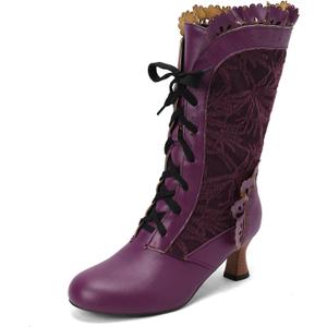 Women Victorian Boots Chunky Heels Lace up Cute Bow Knot Cosplay Costumes Witch Medieval Renaissance Mid-Calf Goth Boots Vintage Gothic Character Dance Kawaii Lolita Shoes (7.5/38, Purple)