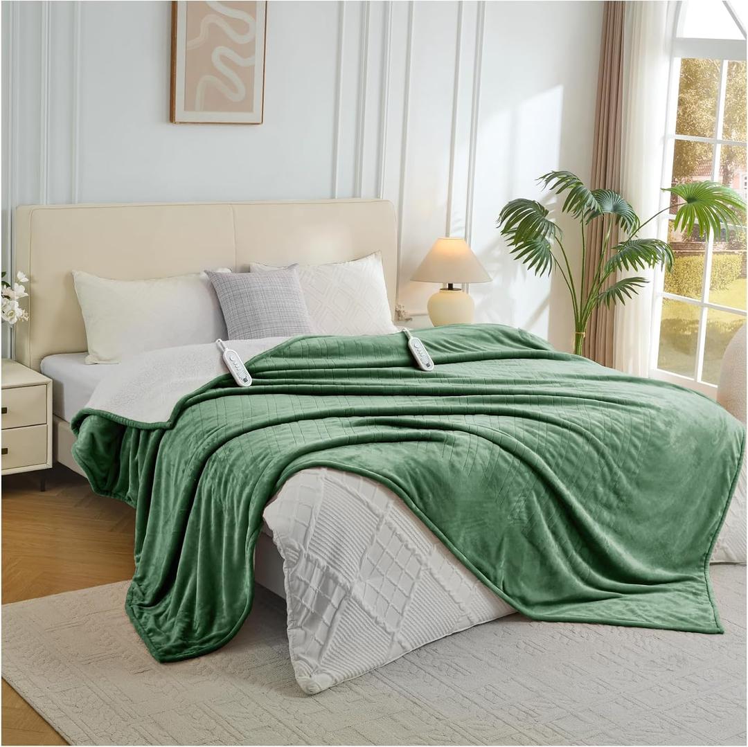 Electric Heated Blanket King Size, Dual Control Fast Heating Sherpa Blanket, 8 Heating Levels & 10 Hours Auto Off, Machine Washable with ETL & FCC Certified, Green