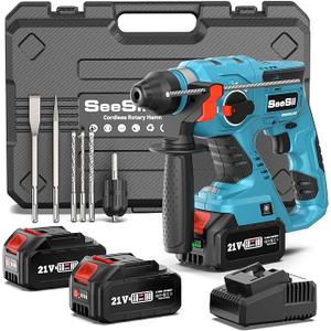 Seesii Cordless SDS-Plus Rotary Hammer Drill for Concrete, 2 × 4.0Ah Batteries, Includes 3 Drill Bits, Flat & Point Chisels, Lightweight Power Tool for Home Improvement, DIY & Masonry