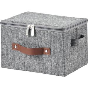 VinneGenzz Storage Bins with Zipper Lid Cotton Linen Fabric Lidded Storage Baskets Boxes Foldable Washable Closet Shelf Clothes Organizer Container with PU Leather Handles (Gray, Small Size)