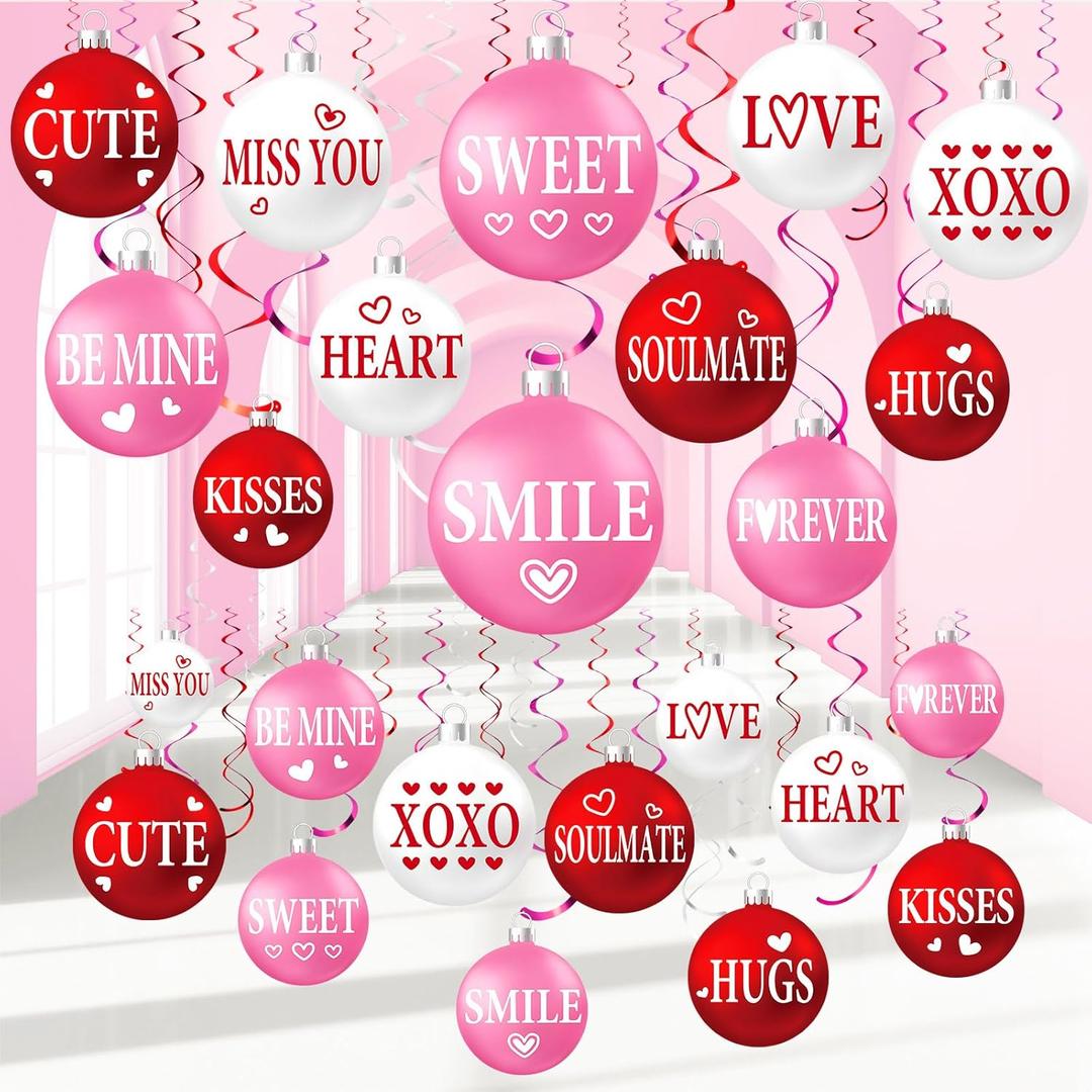 54 Pcs Valentine's Day Hanging Decorations Set Hanging Foil Swirls Decor Ball Ornament Ceiling Decorations for Valentines, Anniversary, Birthday Party Supplies(Red Pink White)