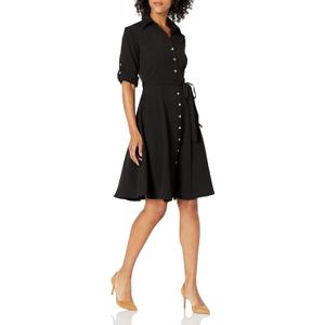 Sharagano Women's Button Front Pleated Shirt Casual Dress (12, Very Black)