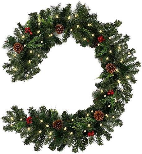 6FT Pre-lit Christmas Garland with Lights Pine Cones, Red Berries Artificial Pine Wreath Garland Battery Powered Xmas Decorations for Xmas Tree Fireplaces Stairs Doors (1 Pcs)