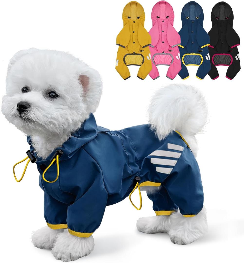 Dog Raincoat, Waterproof Dog Rain Jacket with Hood, Rain Coat with Leash Hole, Reflective Strap for Small Medium Dogs, Lightweight Puppy Clothes(Blue,M)