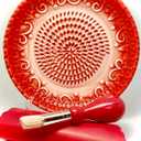 All-in-one 4pcs Prime Ceramic Garlic Grater Set - HandMade, Red Emboss Design Grater Plate w/Garlic Peeler, Gathering Brush, Display Stand, It's also grating Turmeric, Ginger, and more,