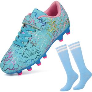 brooman Kids Firm Ground Soccer Cleats Boys Girls Football Cleats with Soccer Socks (Blue, Size 4)